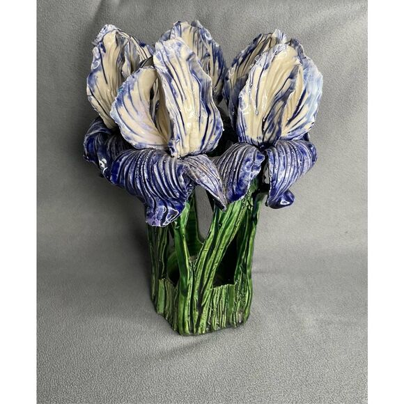 AVATAR Pottery Sculpted Ceramic Vase Majolica Garden Purple Iris Signed HandMade - Picture 12 of 14